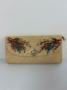 Vintage Raffia Straw Clutch Purse Floral Embroidered Boho Woven Handbag Bag 70s